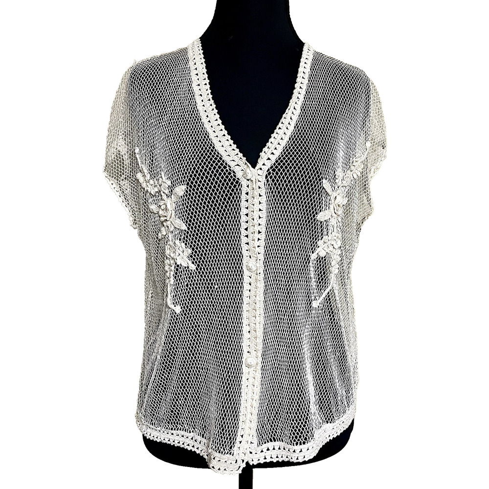 100% Silk Hand Crochet Vest Women's Sz Large Crochet Flowers Accent